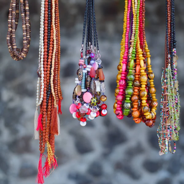 Multi Colored Beads Necklaces Hanging Grey Background — Stock Photo, Image