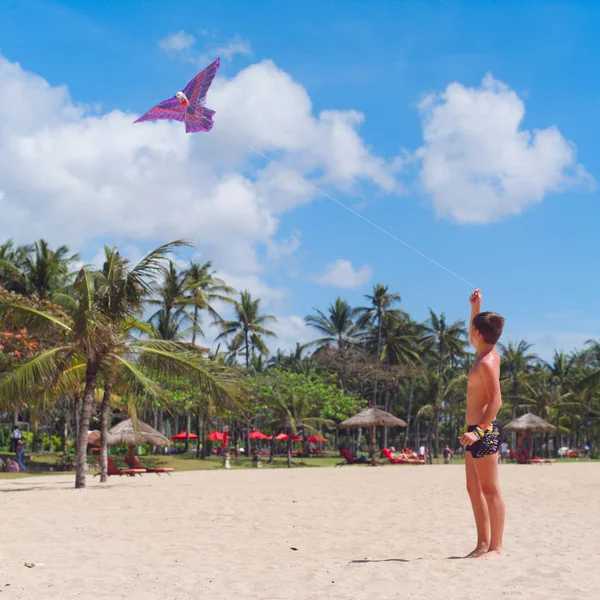 Teenager Boy Flying Kite Tropical Beach Kids Beach Activities Indonesia — Stock Photo, Image