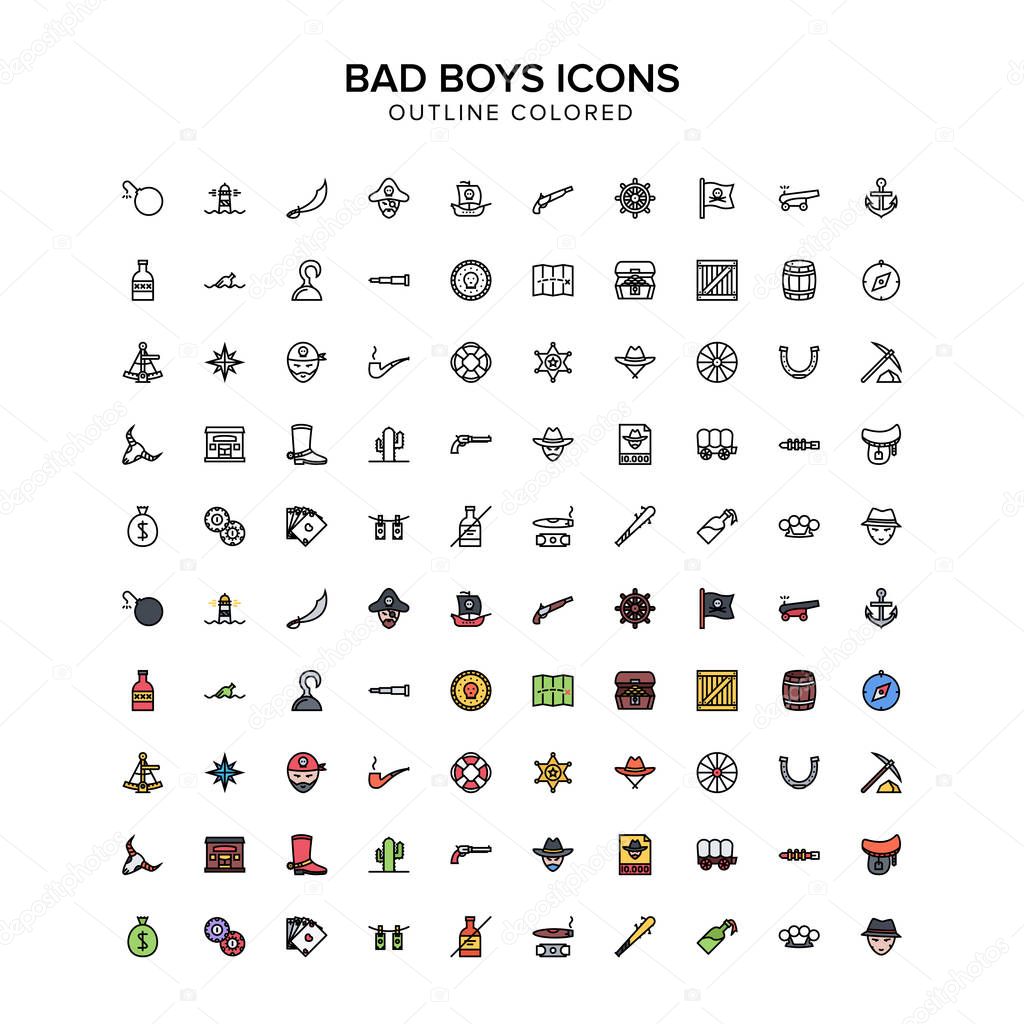bad boys, pirates, cowboys outline colored icons.