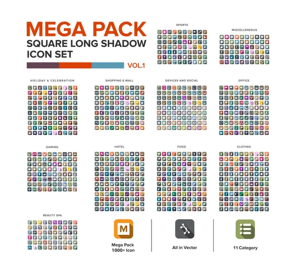 Mega Pack cuadrado icono conjunto paquete sombra larga — Vector de stock