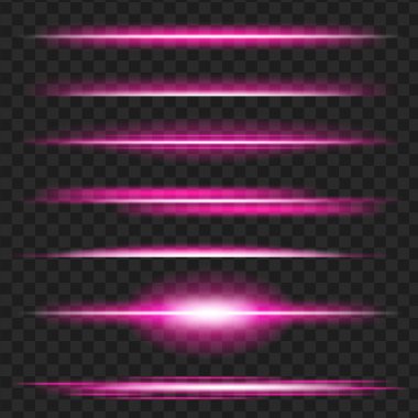 Mor parlak ışık efekti kümesi. Siyah şeffaf arka plan üzerinde izole.