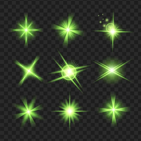 Grön Glans Stjärnor Med Glitter Gnistrar Ikoner Anger Effekt Twinkle — Stock vektor