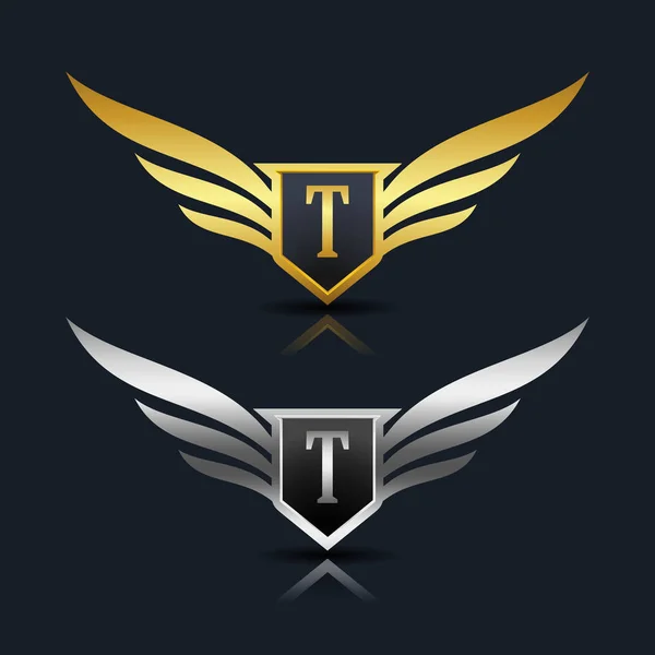 Wings Shield Letter T Logo — Stock Vector