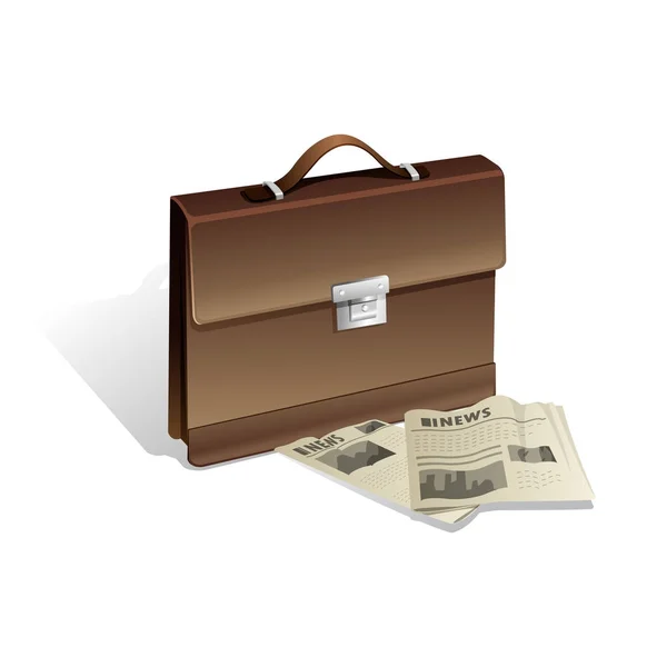 Brown man briefcase and newspaper on white background. — Stock Vector