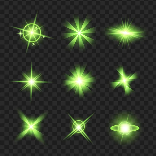 Grön Glans Stjärnor Med Glitter Gnistrar Ikoner Anger Effekt Twinkle — Stock vektor