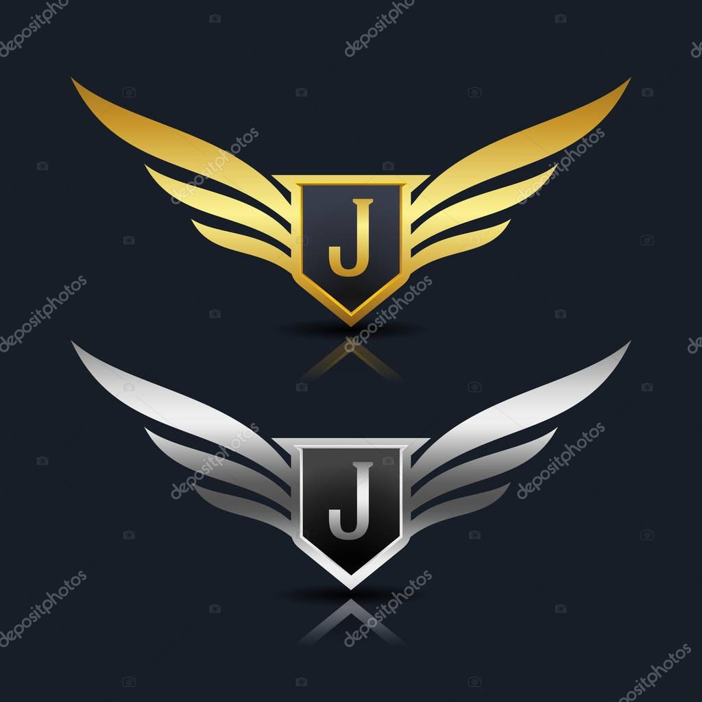 Wings Shield Letter J Logo  design concept template. fully editable vector