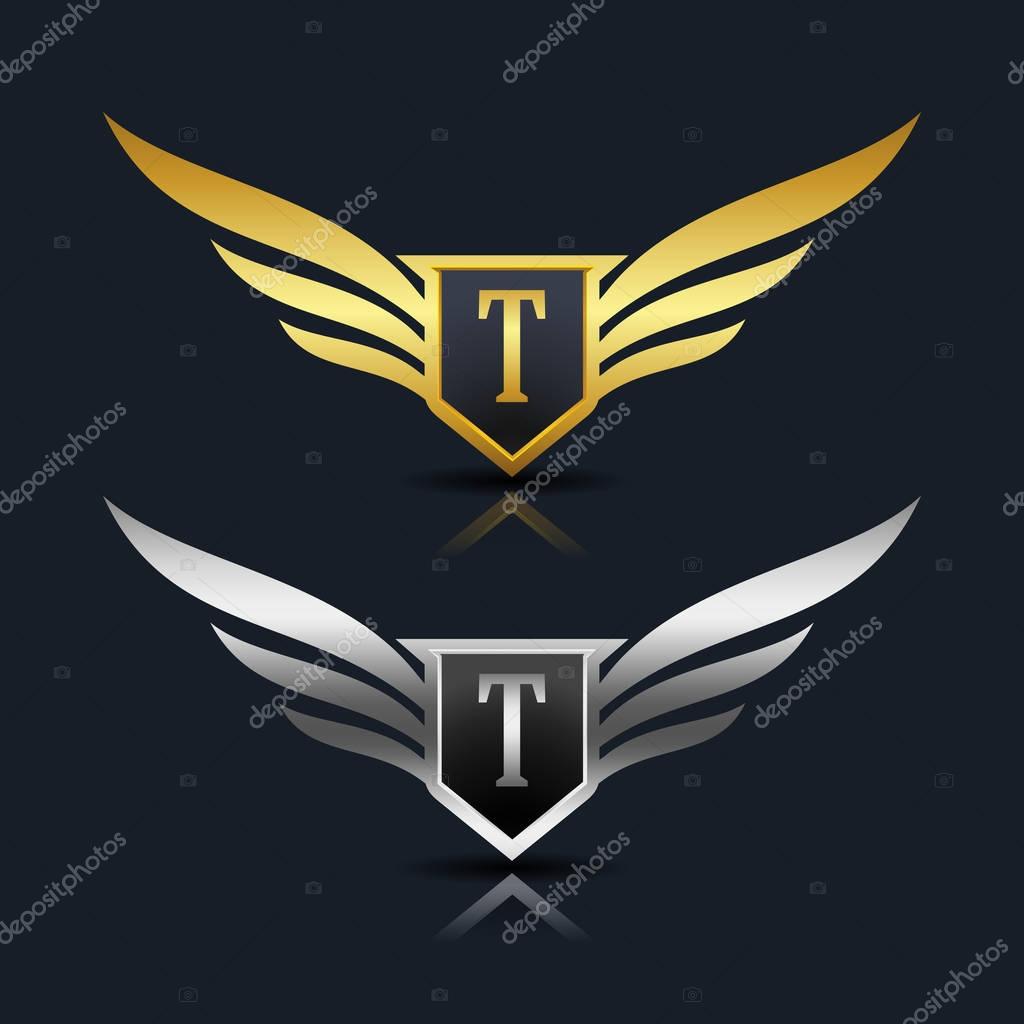 Wings Shield Letter T Logo  design concept template. fully editable vector