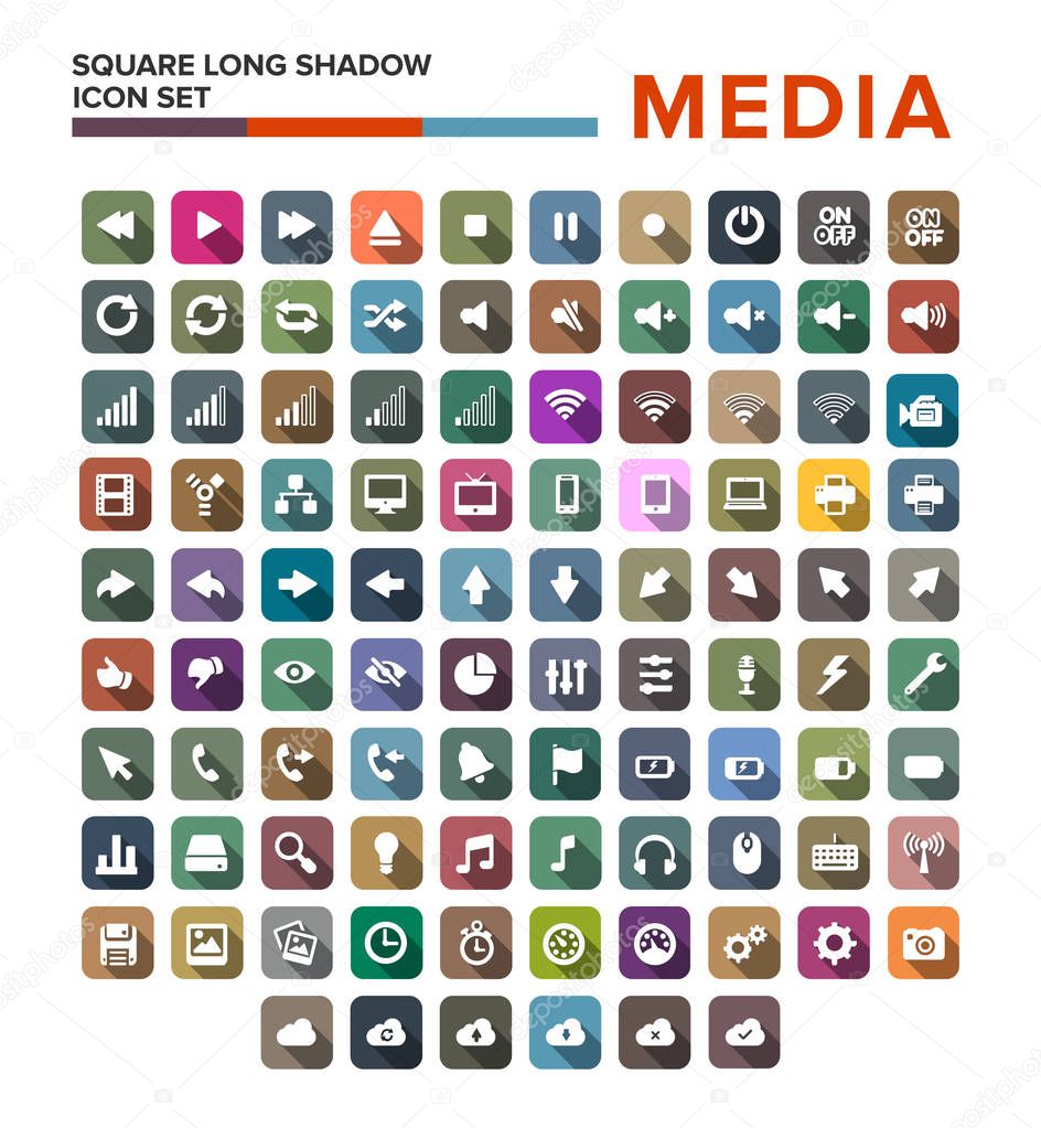 Media flat long shadow icons set isolated vector illustration