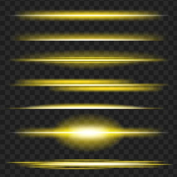 Set Yellow Glowing Light Effect Isolated Black Transparent Background Vector — Stock Vector