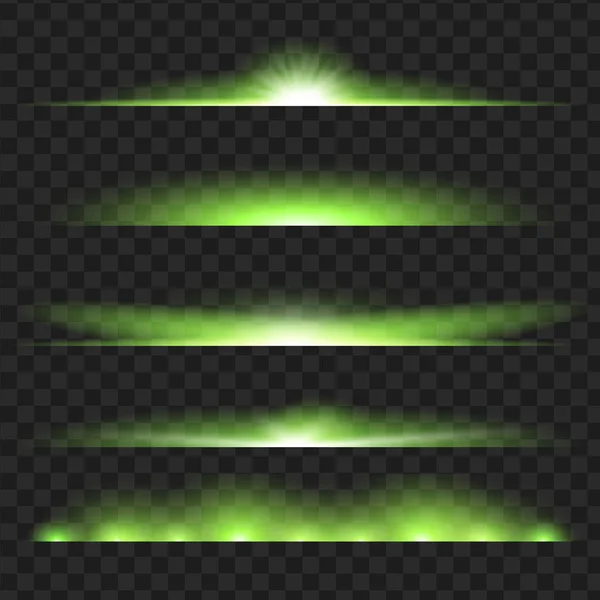 Uppsättning Gröna Glödande Ljuseffekt Isolerad Svart Transparent Bakgrund Vektorillustration — Stock vektor