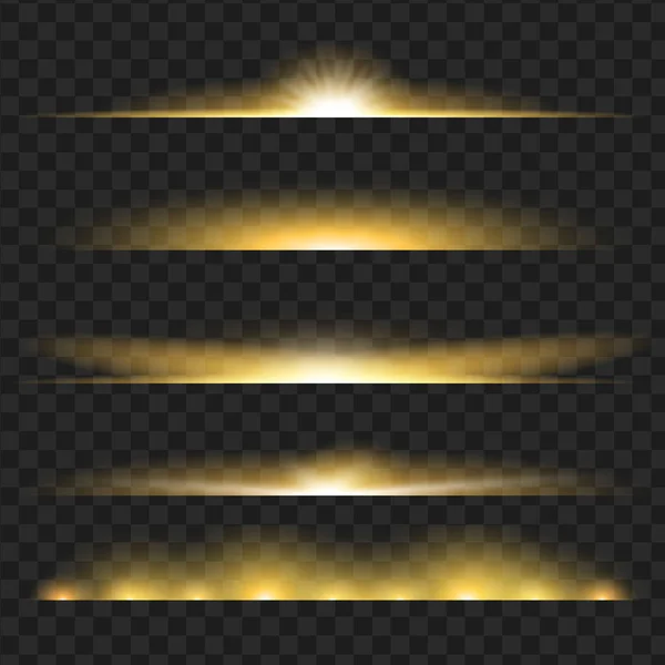 Uppsättning av gula glödande ljuseffekt. Isolerad på svart transparent bakgrund. — Stock vektor