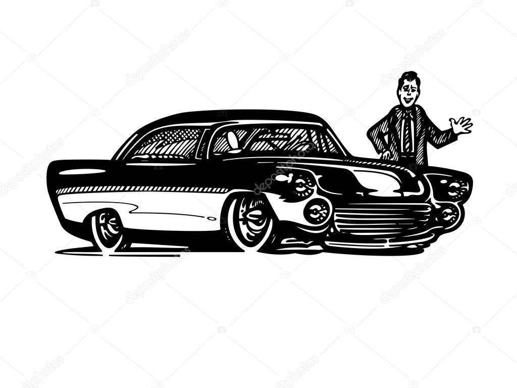 Vector retro hotrod car clipart cartoon Illustration. 