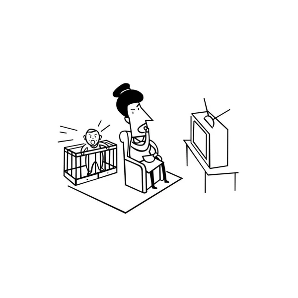 Bayi menangis dengan ibu menonton tv. ilustrasi pengasuhan yang buruk - Stok Vektor