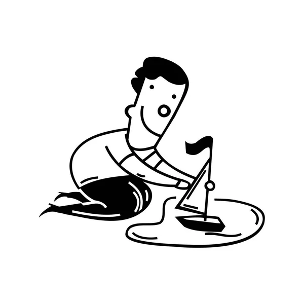 Εικονογράφηση ενός αγοριού που πιέζει ένα χάρτινο καραβάκι κάτω από μια εικόνα του ποταμού — Διανυσματικό Αρχείο