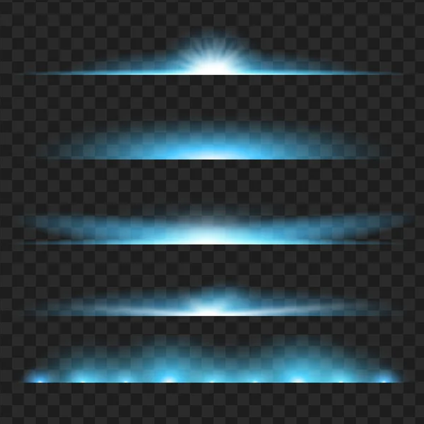 Uppsättning av blå glödande ljuseffekt. Isolerad på svart transparent bakgrund — Stock vektor