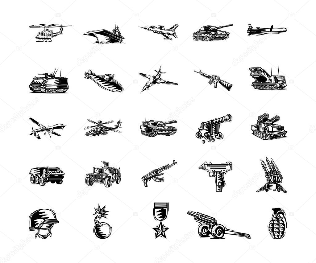 military tool clipart cartoon set. 