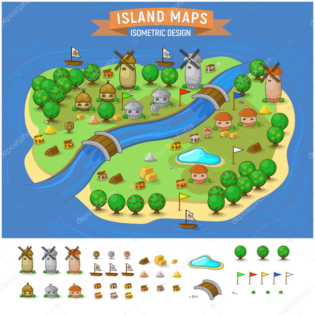 Island Map With Elements Set