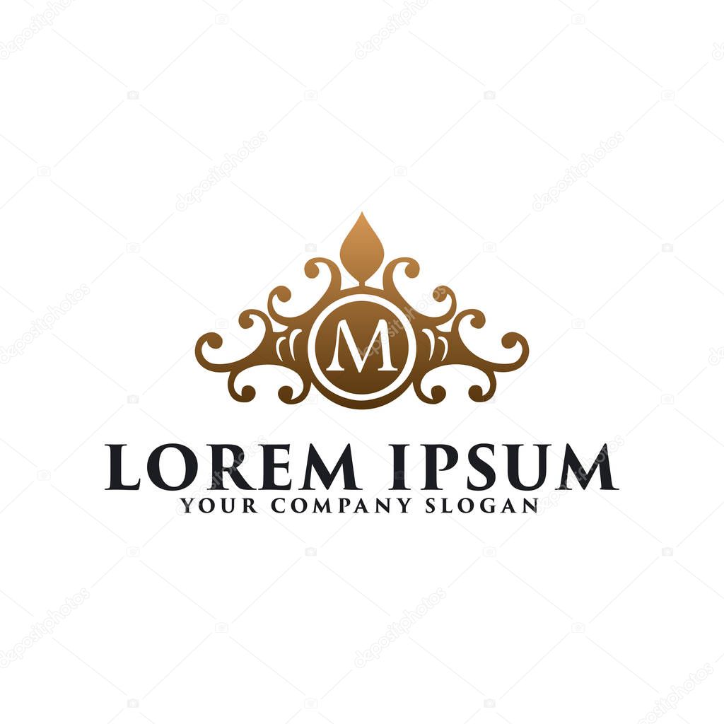 luxury vintage floral emblem with letter M, hotel restaurant logo