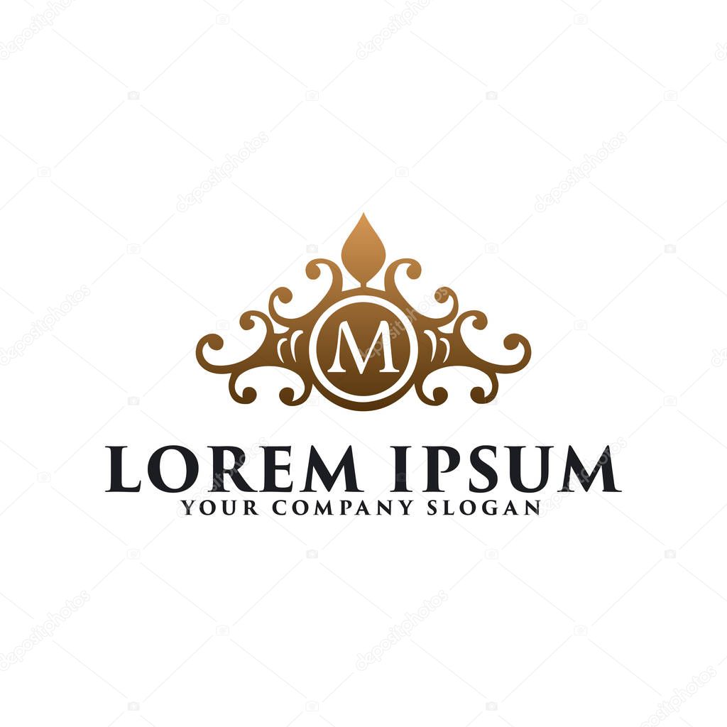 Luxury vintage floral emblem with letter M, hotel restaurant real estate logo design concept template
