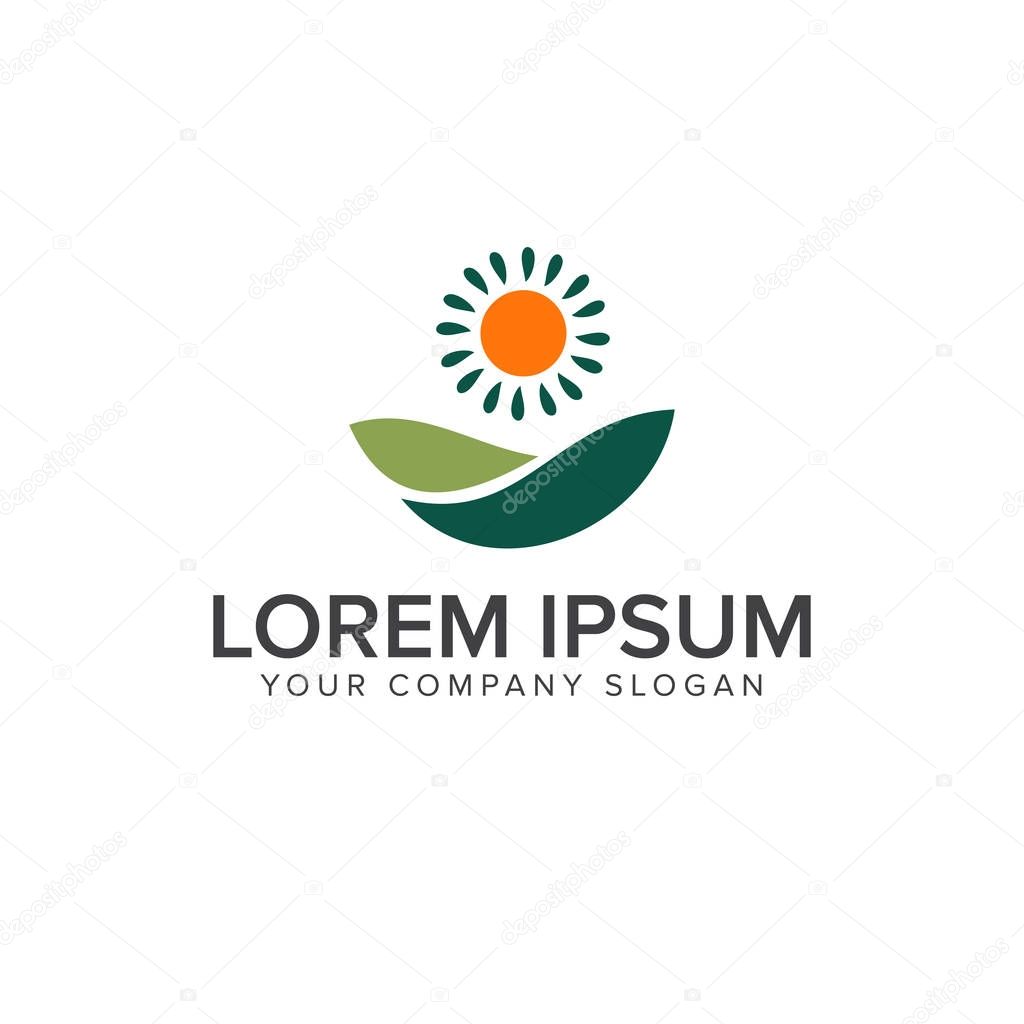 Meadow and sun logo. Landscaping logo design concept template. fully editable vector