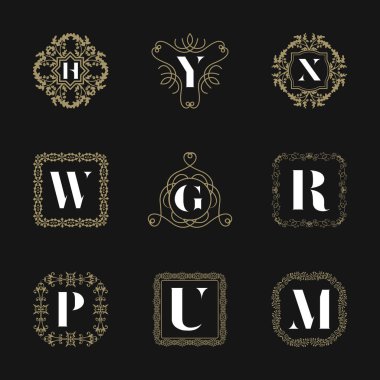 Monogram amblem amblemi küme. Kaligrafi logo süsleme vektör 