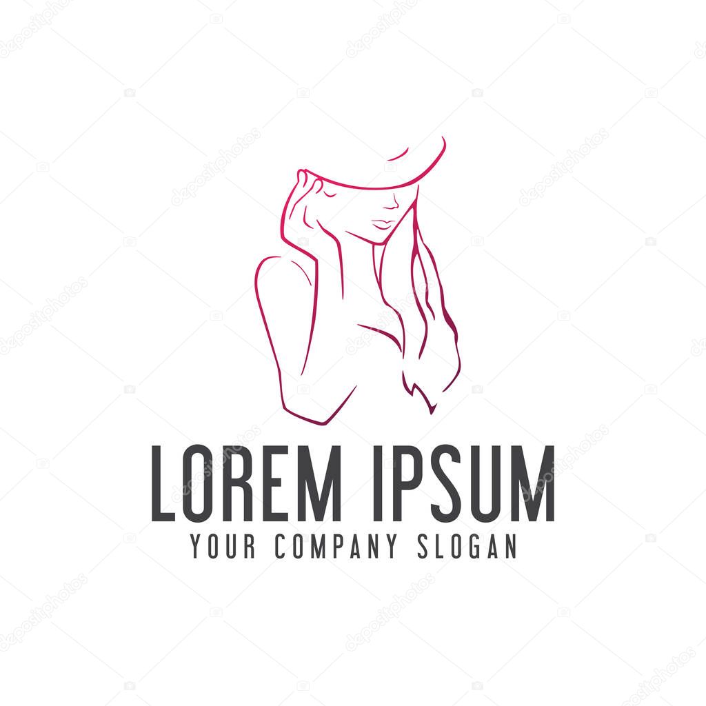 Beauty woman with hat logo. hand drawn design concept template . fully editable vector