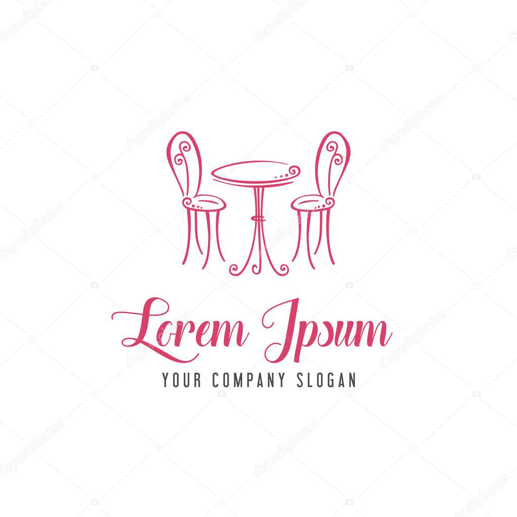 romantic chair table logo. romantic cafe logo design concept tem