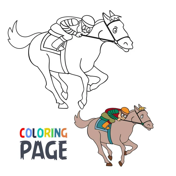 Página para colorear con gente librando dibujos animados de caballos — Vector de stock