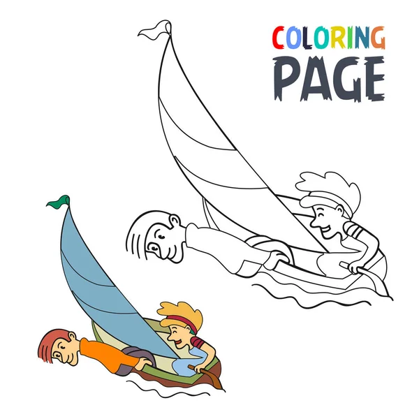 Página para colorear con gente de sailling dibujos animados — Vector de stock