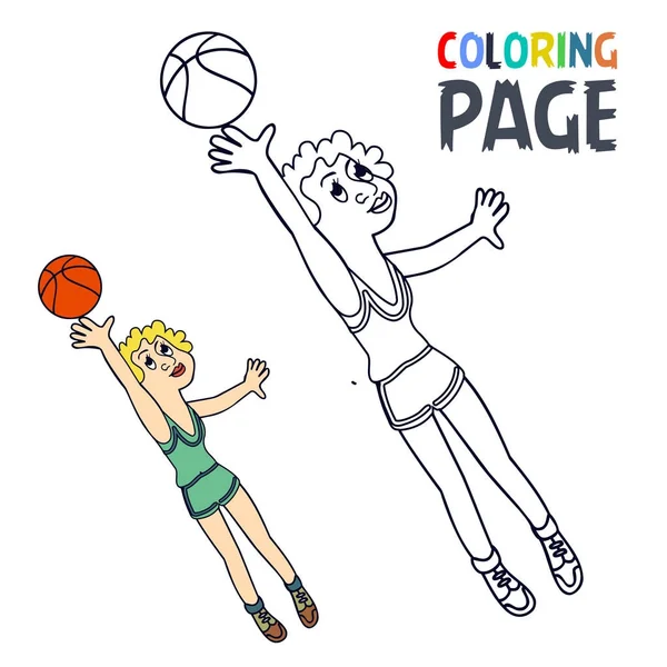 Página para colorir com mulher jogador de basquete bola desenhos animados — Vetor de Stock