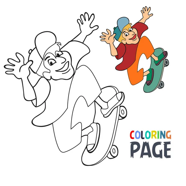 Página para colorear con dibujos animados jugador de skate — Vector de stock