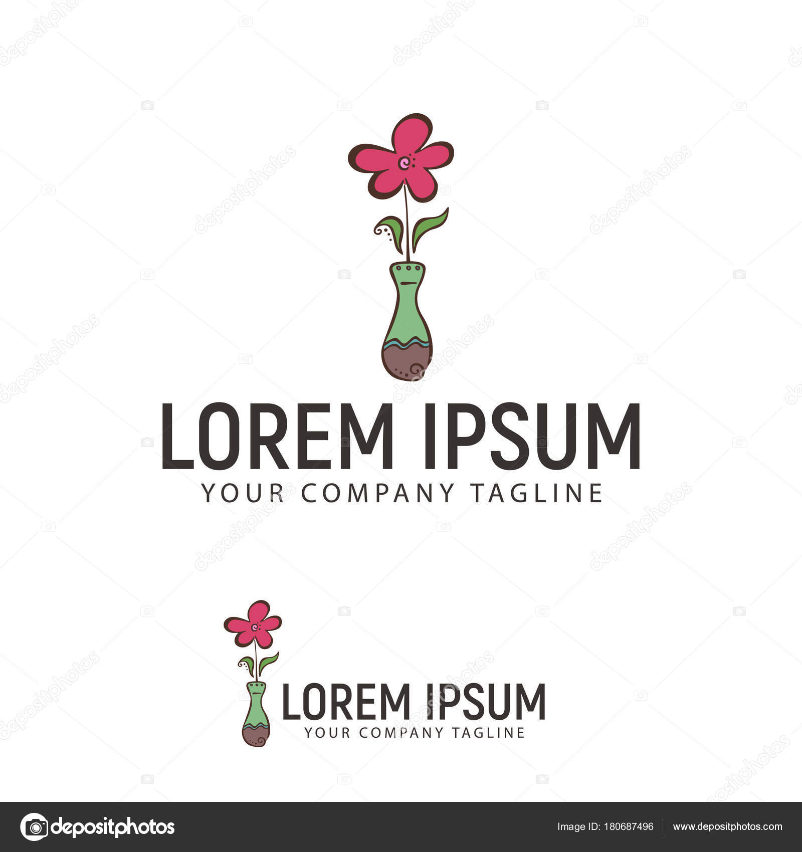 Flower And Vase Hand Drawn Logo Design Concept Template Stock