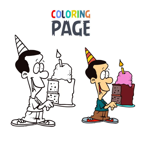 Pessoas com bolo aniversário desenhos animados página para colorir — Vetor de Stock