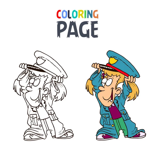 Niña usando ropa de policía dibujos animados para colorear página — Vector de stock