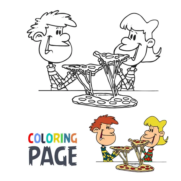 Crianças com pizza desenhos animados para colorir página — Vetor de Stock