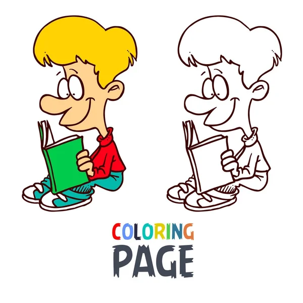 Joven niño leyendo libro de dibujos animados para colorear página — Vector de stock