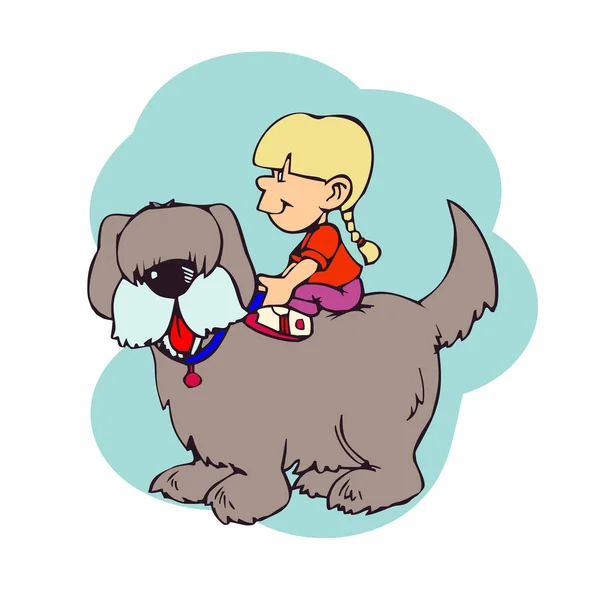 Obrázek holčičky sedící na zadní straně svého psa — Stockový vektor