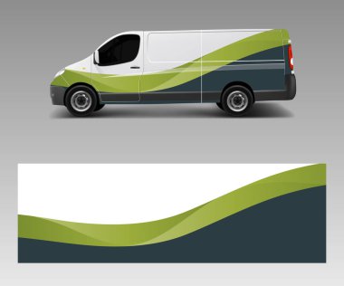 Yeşil dalga şekilli kargo van decal, kamyon ve araba ambalaj vektörü, ambalaj aracı için grafiksel soyut şerit tasarımları