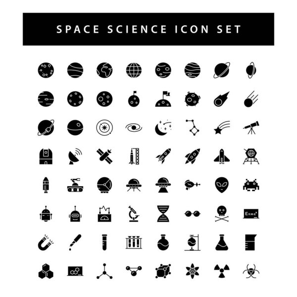 space and science icon set with black color glyph style design.