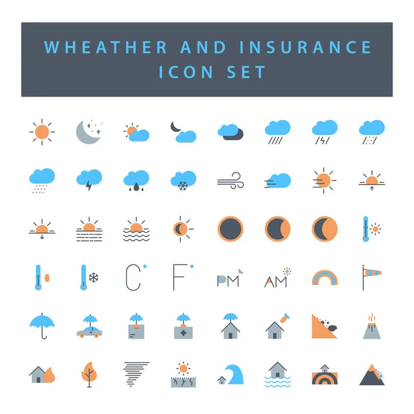 カラフルな現代フラットスタイルのデザインで設定された天気と保険アイコン — ストックベクタ