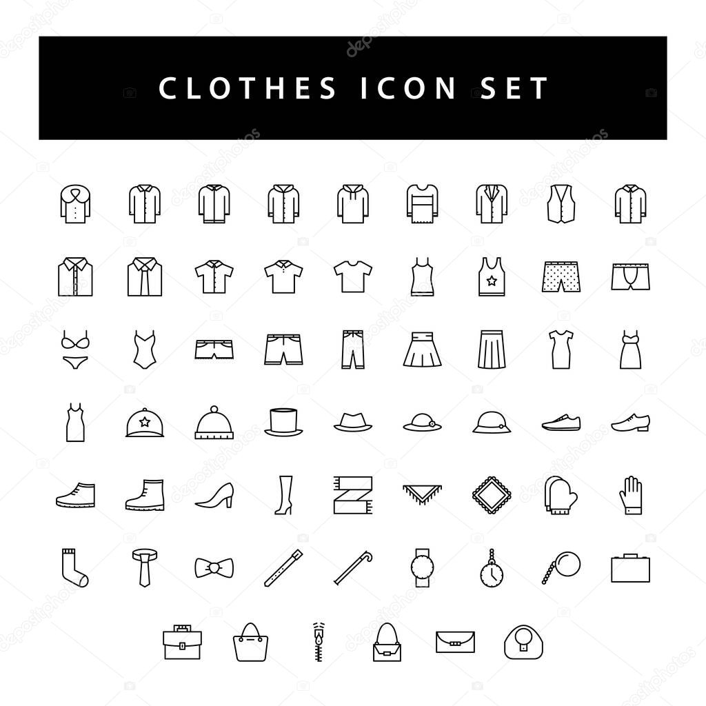 Clothes icon set with black color outline style design.