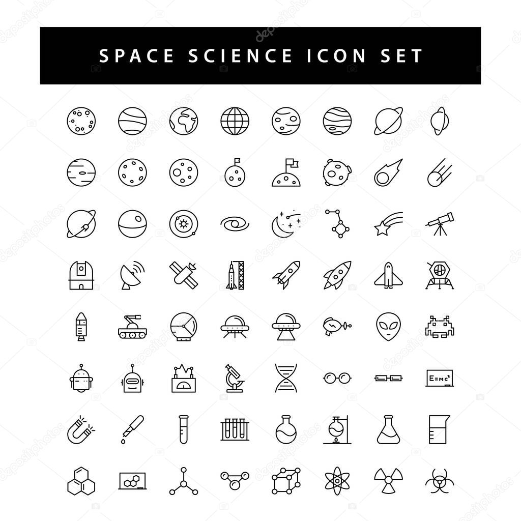 space and science icon set with black color outline style design.