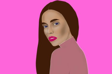 Kare saç stili ve kakülleri olan güzel esmer bir kadın mor ceketli parlak, soyut bir arka plana gözlerini kapadı..