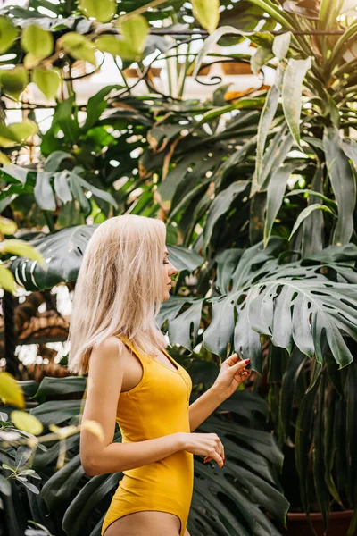 站在异国情调植物的背景上 站在高加索小姐的侧面 触摸着季风叶 身材纤细 身穿黄色时髦泳衣的女子的肖像照片 — 图库照片