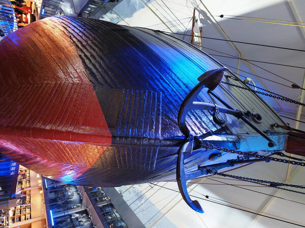 Polar ship Fram used by explorer Roald Amundsen in polar expeditions in european city of Oslo in Norway - vertical