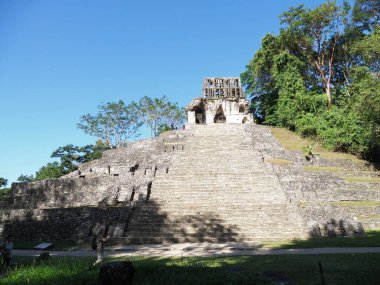 Haç Temple piramit Antik Maya Palenque Milli Park City Meksika orman manzara Chiapas eyaletinde, 2018 sıcak güneşli kış günü, Şubat'ta Kuzey Amerika.