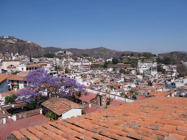 TAXCO, MEXICO North America on MARCH 2018: Mexican cityscape landscapes of famousl city with jacaranda tree and clear blue sky in warm sunny winter day, North America on March.