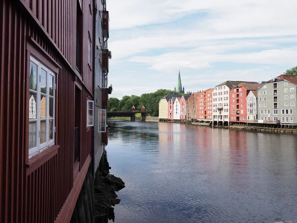 Side Wooden Building Window Nidelva River European Trondheim Nidaros City — Stockfoto