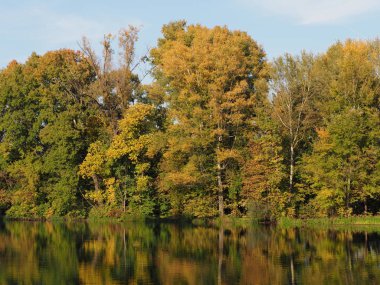 Colorful landscapes of trees and lake at Wilanow park in european Warsaw capital city in Poland, clear blue sky in 2018 warm sunny autumn day on October.