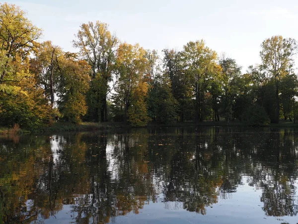 Romantic Landscapes Trees Reflected Water Lake Wilanow Park European Warsaw — Zdjęcie stockowe